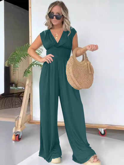 Smocked Cap Sleeve Wide Leg Jumpsuit Turquoise