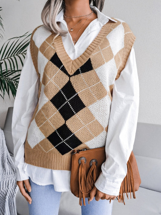 Plaid V-Neck Sweater Vest Khaki