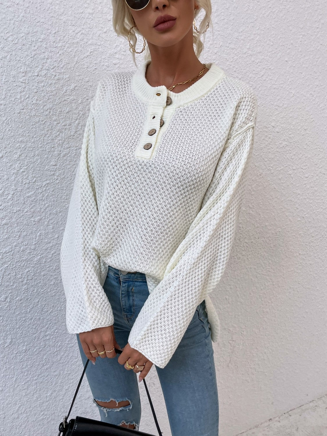 Quarter-Button Slit Sweater White