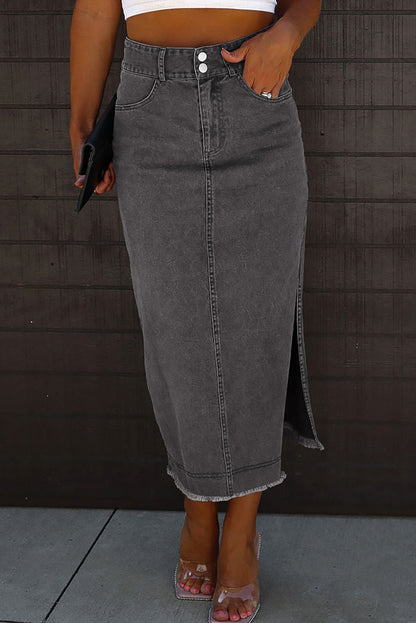 Black Raw Edge Side Slits Buttoned Midi Denim Skirt Black 55%Cotton+42%Viscose+3%Elastane