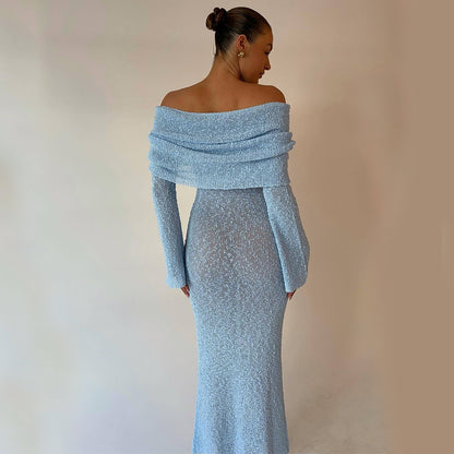 New One-shoulder Knitted Long-sleeved Dress Sexy Beach Holiday Long Dresses Womens Clothing Blue