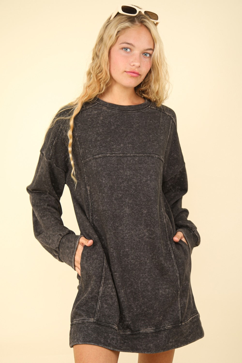 VERY J Mineral Washed Oversized Sweatshirt Mini Dress Black