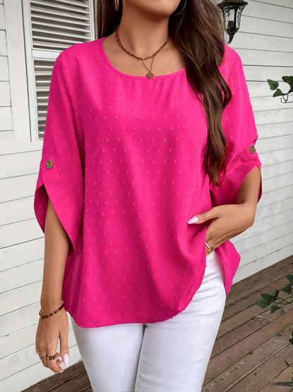 Swiss Dot Round Neck Blouse Hot Pink