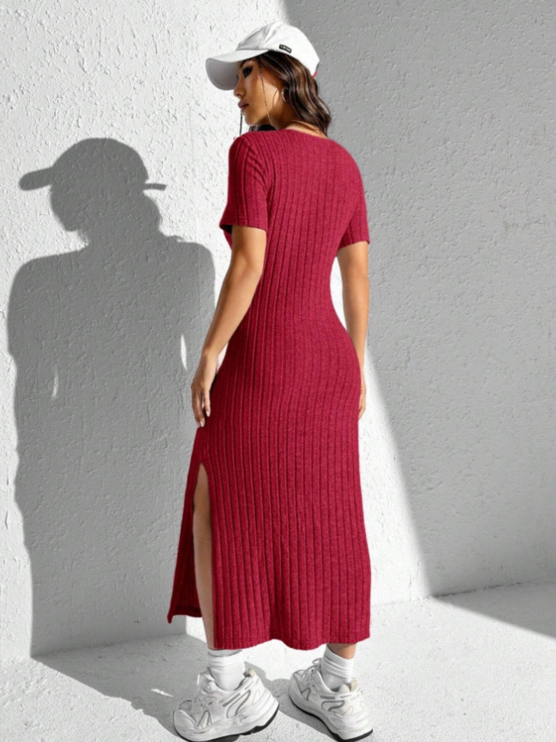 Slit Round Neck Short Sleeve Sweater Dress