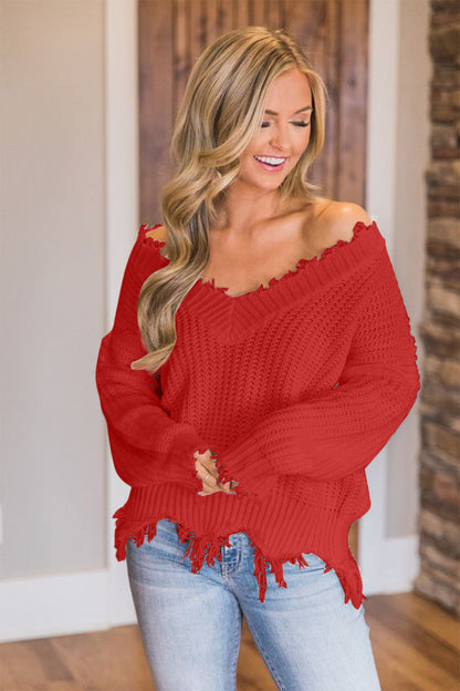 Frayed Hem Dropped Shoulder Sweater Red