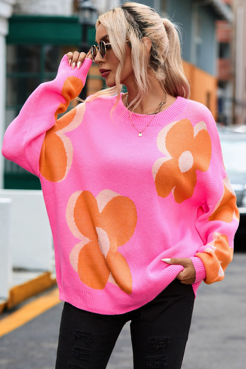 Flower Round Neck Dropped Shoulder Sweater Pink