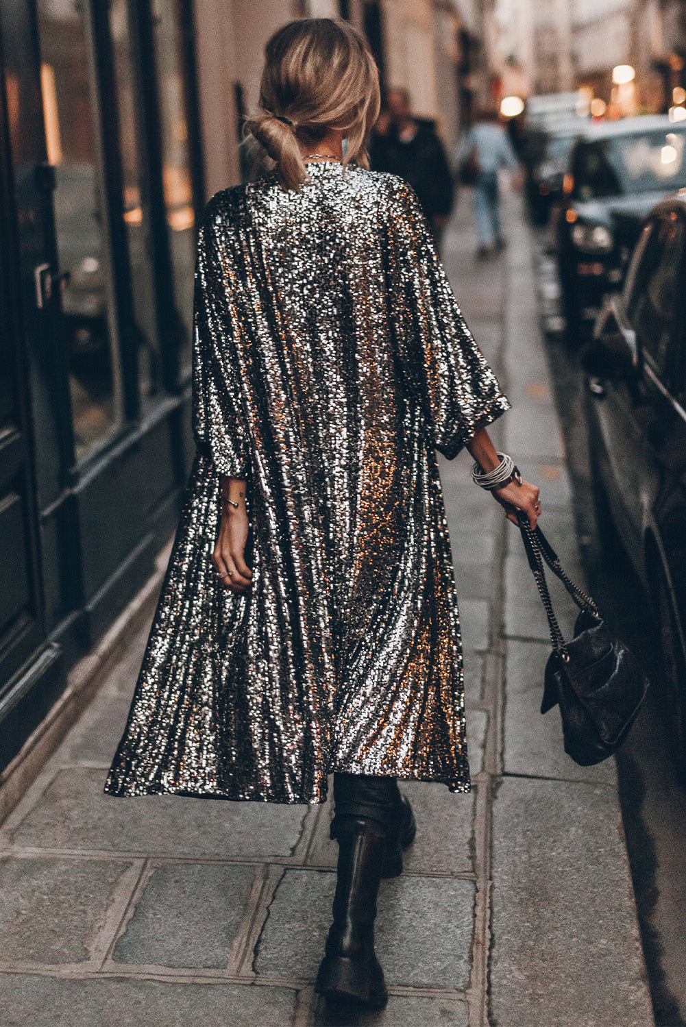 Silvery Sequin 3/4 Sleeve Kimono