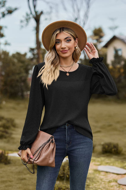 Round Neck Puff Sleeve Blouse Black