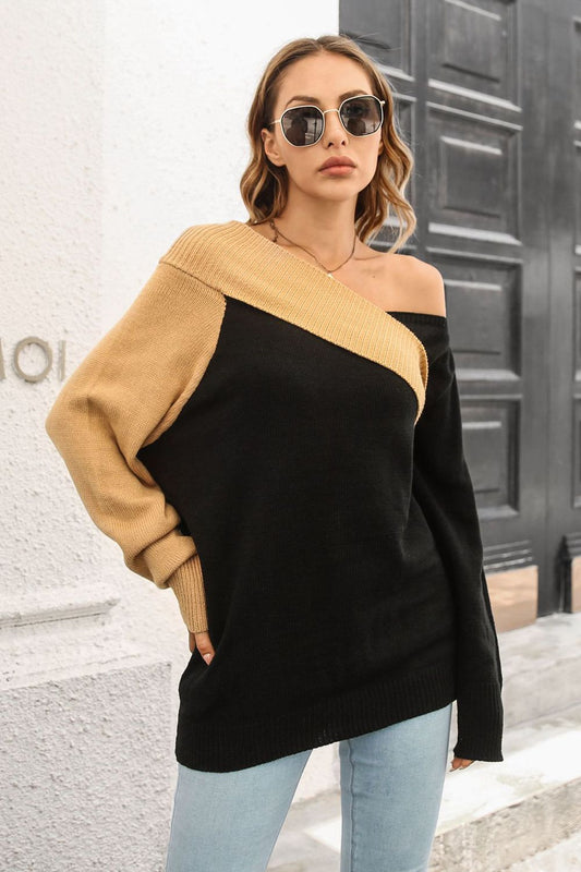 Ribbed Off-Shoulder Lantern Sleeve Pullover Sweater Black