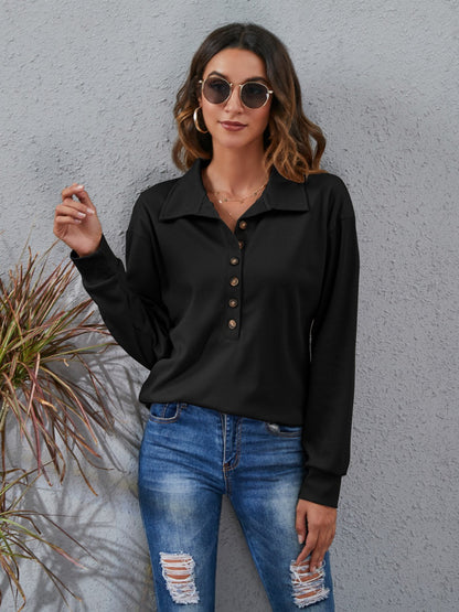 Half Button Dropped Shoulder Blouse Black