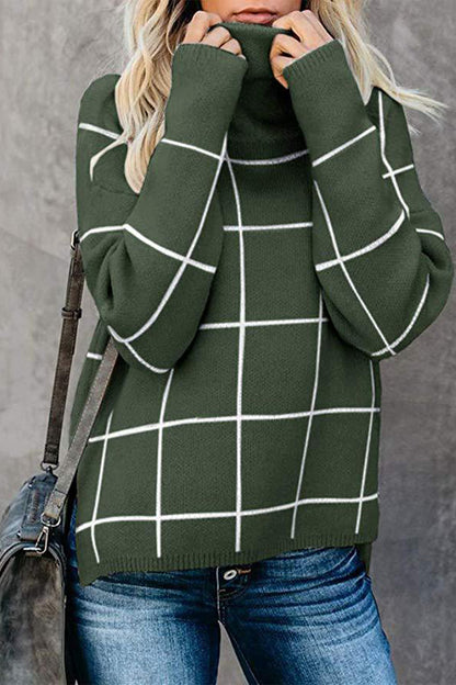 Plaid Turtleneck Drop Shoulder Sweater Army Green