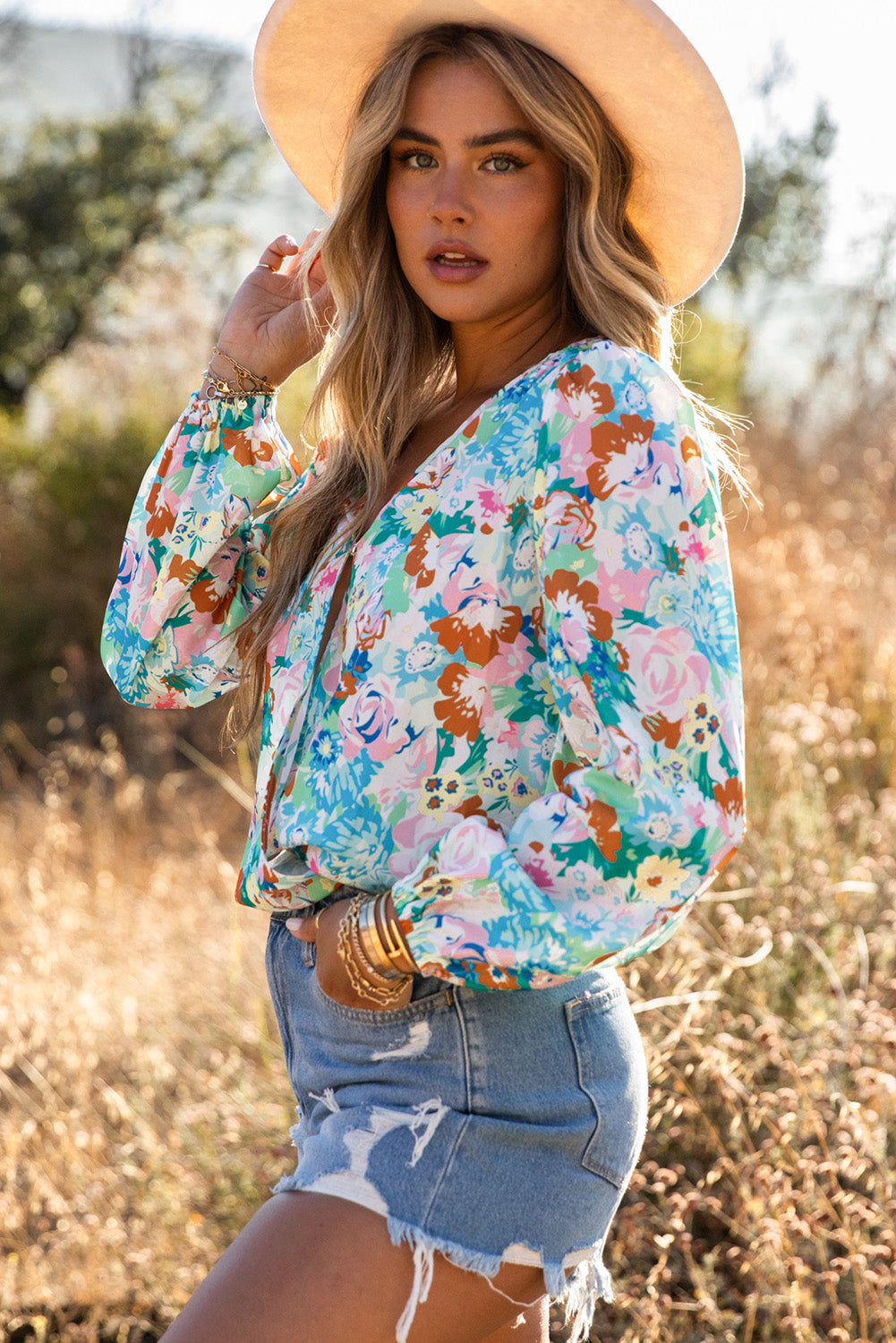 Sky Blue Floral Print Wrap Long Sleeve Bodysuit