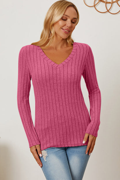 Basic Bae Full Size Ribbed V-Neck Long Sleeve T-Shirt Hot Pink