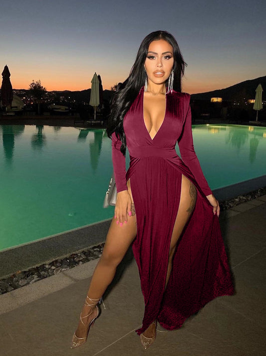 Slit Plunge Long Sleeve Dress Burgundy