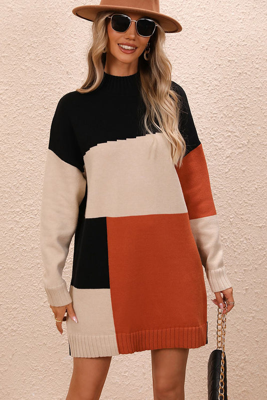 Color Block Mock Neck Dropped Shoulder Sweater Dress Black