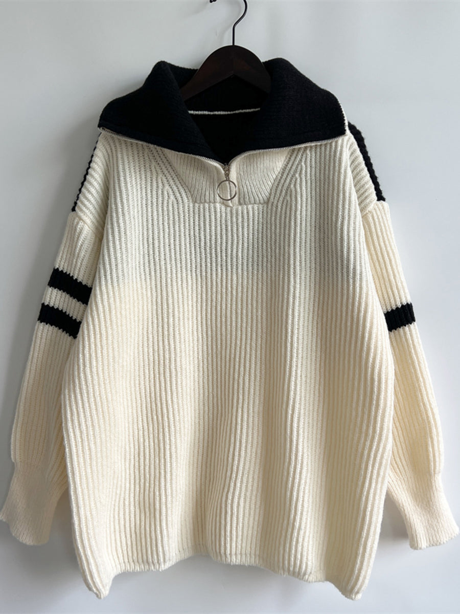 Ribbed Two-Tone Half Zip Sweater