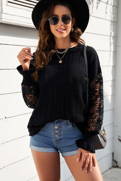 Openwork Lantern Sleeve Dropped Shoulder Sweater Black