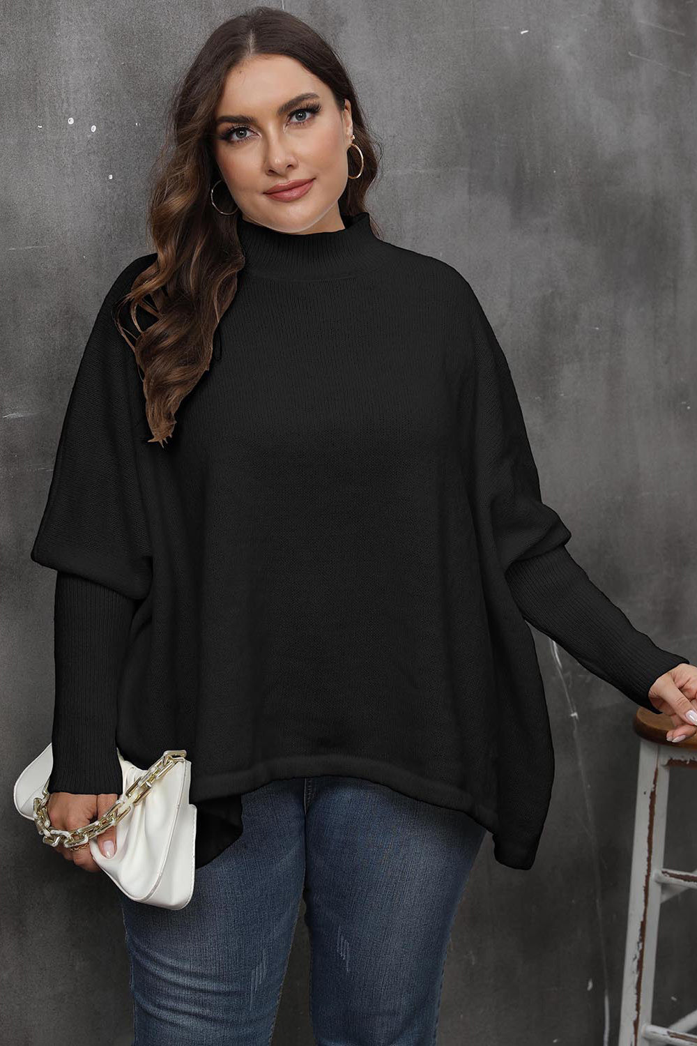 Mock Neck Raglan Sleeve Slit Sweater Black One Size