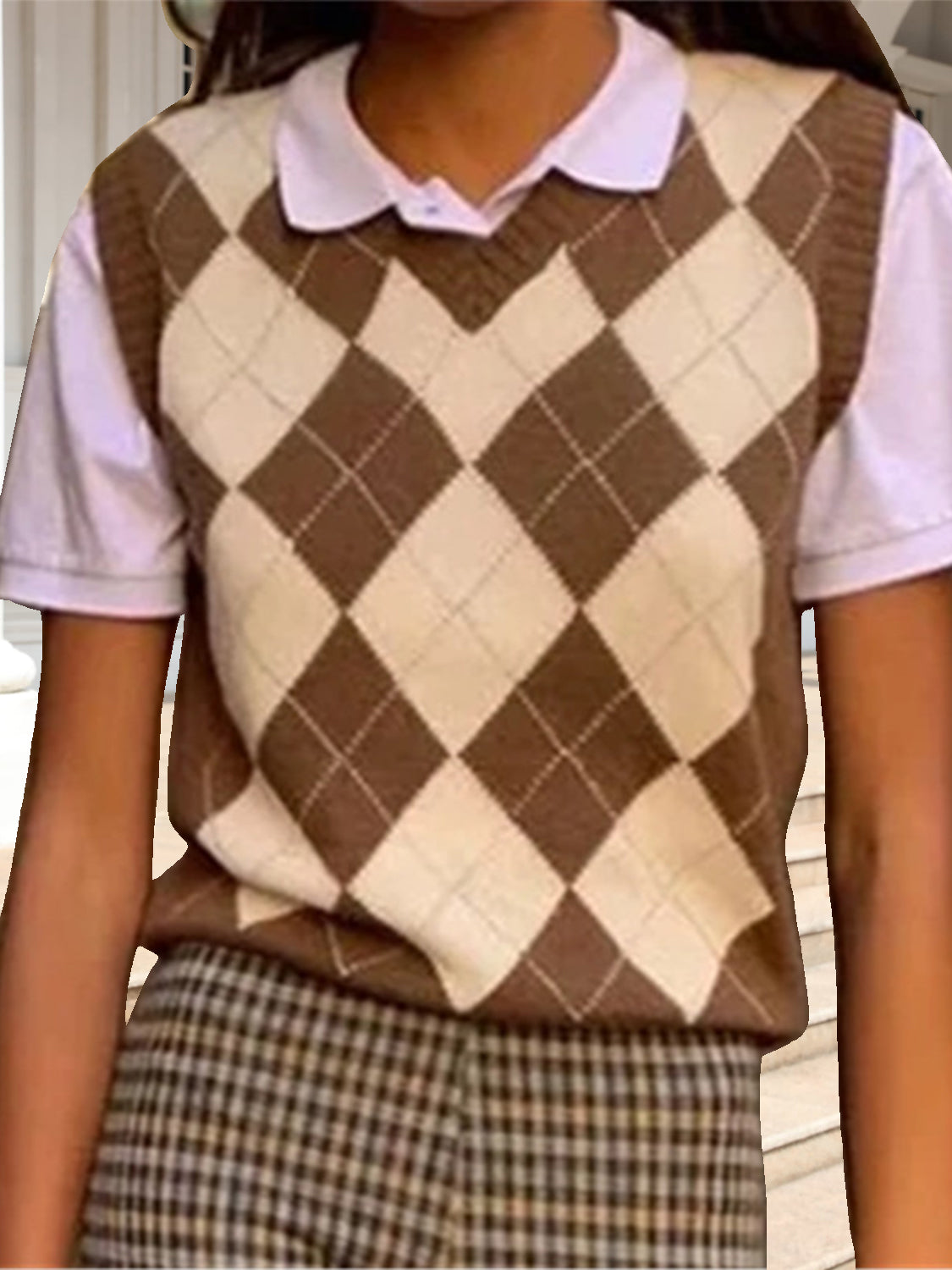 Geometric V-Neck Sweater Vest Brown