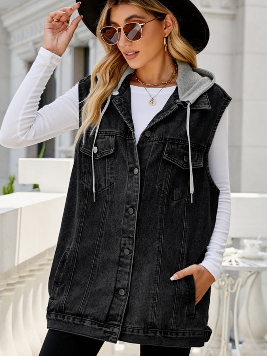 Drawstring Pocketed Button Up Sleeveless Denim Jacket Black