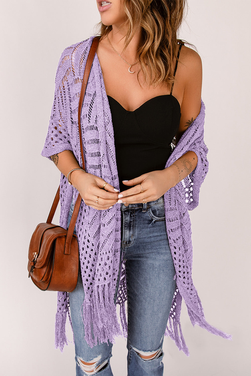 Openwork Open Front Cardigan with Fringes Lavender One Size