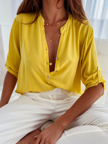 Half Button Notched Half Sleeve Blouse Yellow