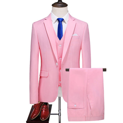 Men's Three-Piece Solid Color Suit for Evening Events, Banquets, or Weddings. Pink