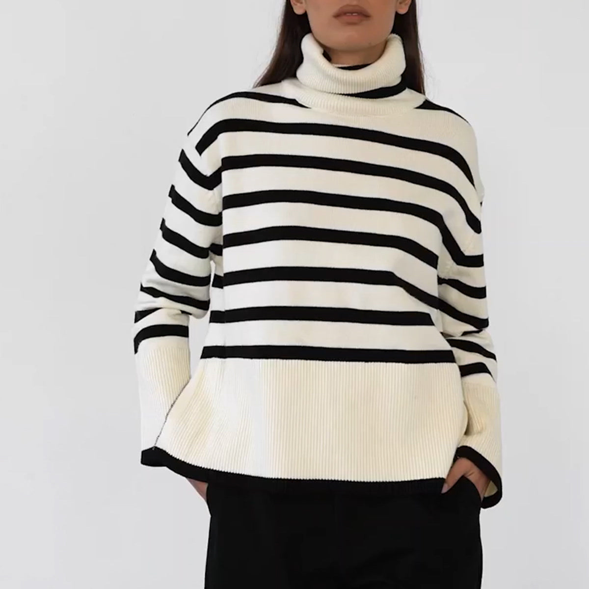 Striped Turtleneck Flare Sleeve Sweater White