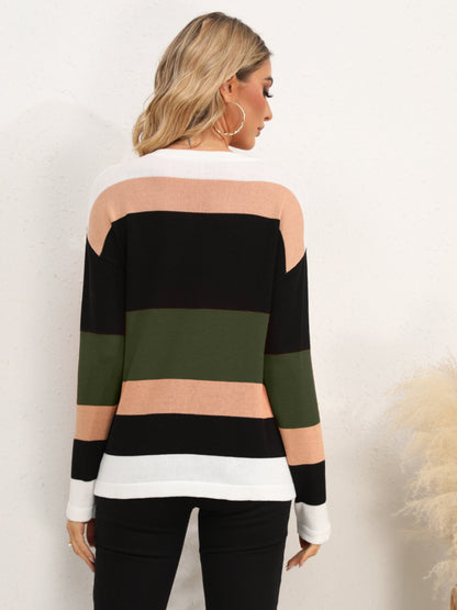 Striped Round Neck Dropped Shoulder Sweater