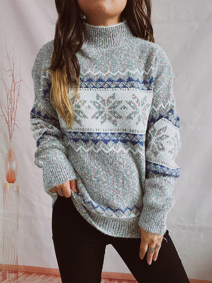 Geometric Mock Neck Dropped Shoulder Sweater Cloudy Blue