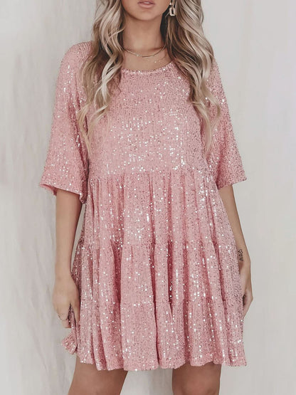 Full Size Sequin Round Neck Half Sleeve Mini Dress Dusty Pink