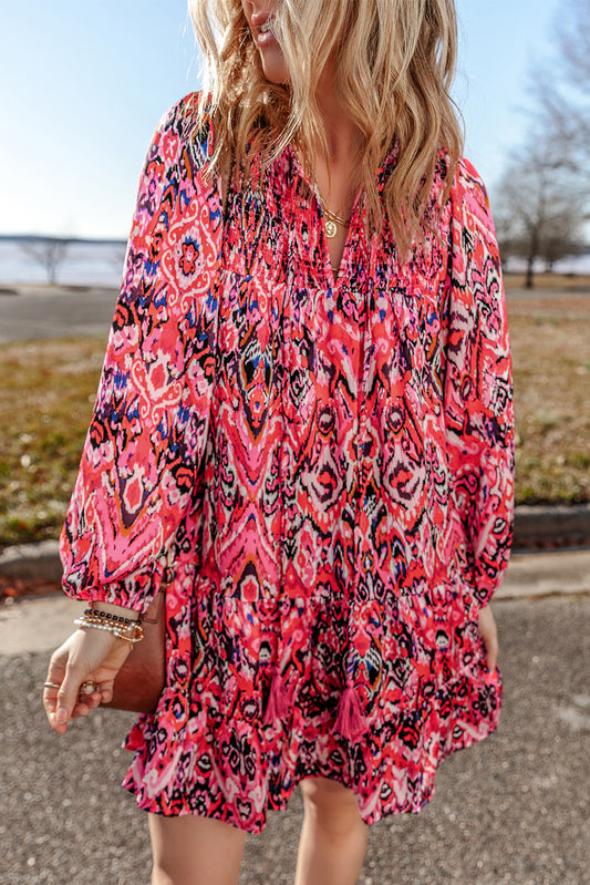 Rose Abstract Printed Tassel Tied Neck Long Sleeve Ruffled Mini Dress Rose 100%Polyester