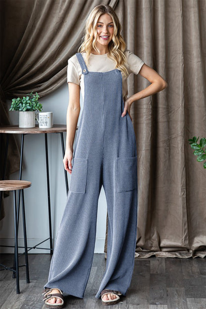 Heimish Full Size Ribbed Front Pocket Sleeveless Jumpsuit Denim Vintage