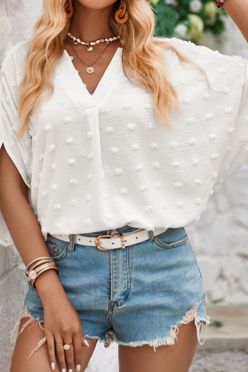 Swiss Dot Notched Half Sleeve Blouse - Thandynie