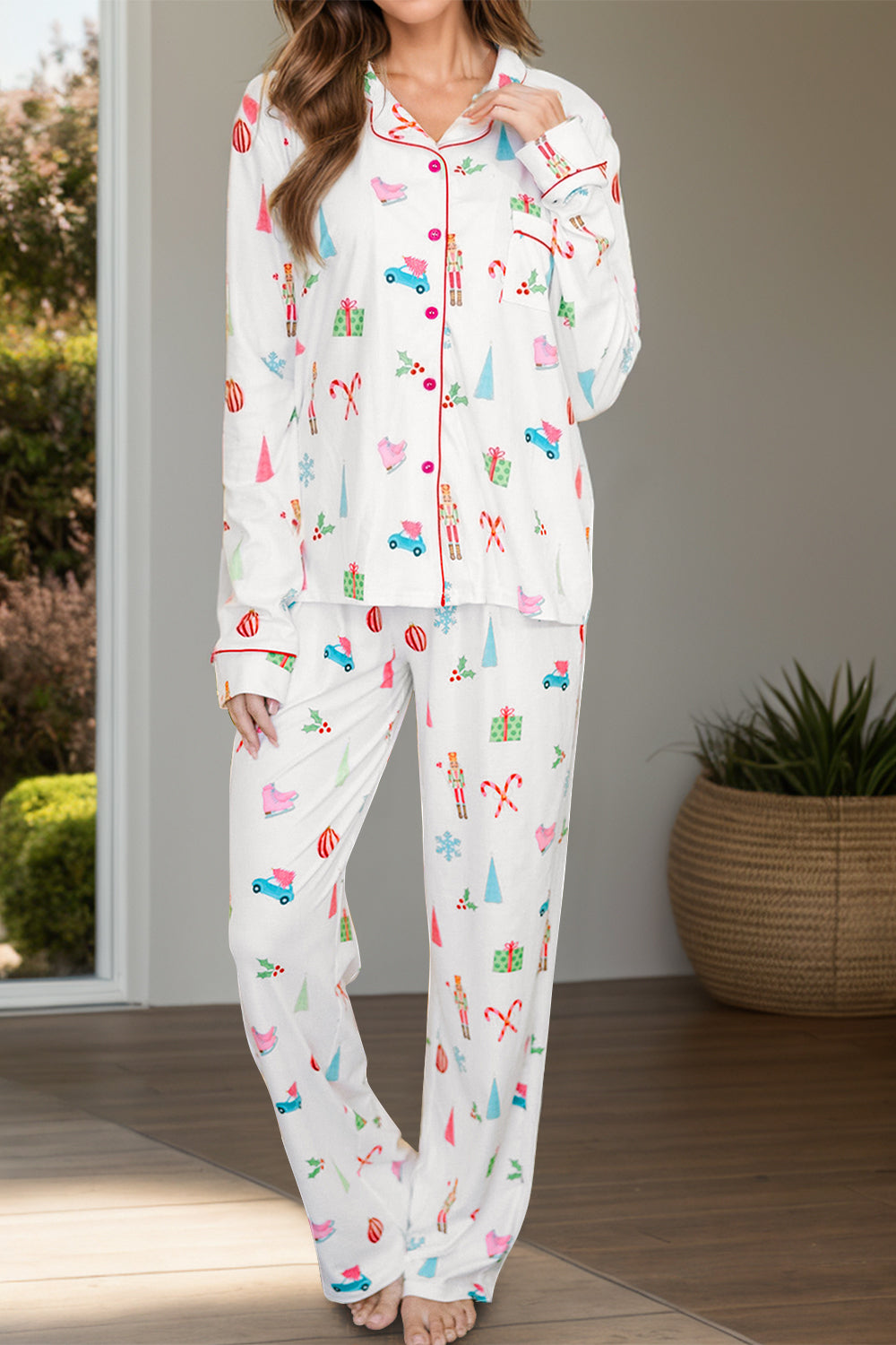 Printed Collared Neck Long Sleeve Top and Pants Lounge Set White