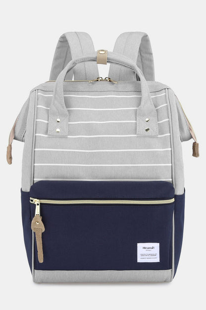 Himawari Waterproof Canvas Backpack Bag with Side Pockets Grey Navy Stripe One Size