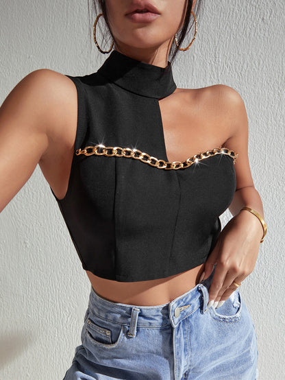 Mock Neck Chain Detail Tank Black