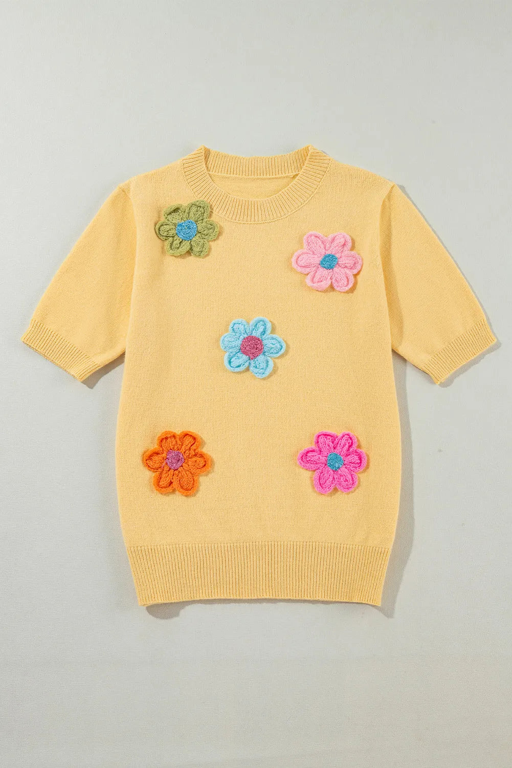 Flower Round Neck Short Sleeve Sweater Pastel Yellow XL