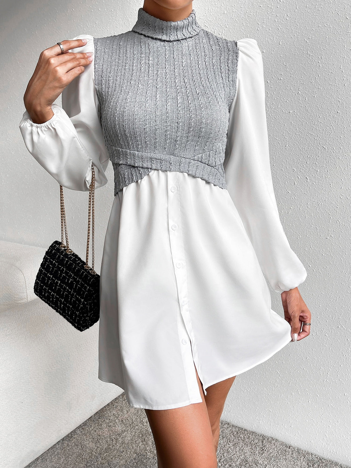 Turtleneck Puff Sleeve Mini Dress White