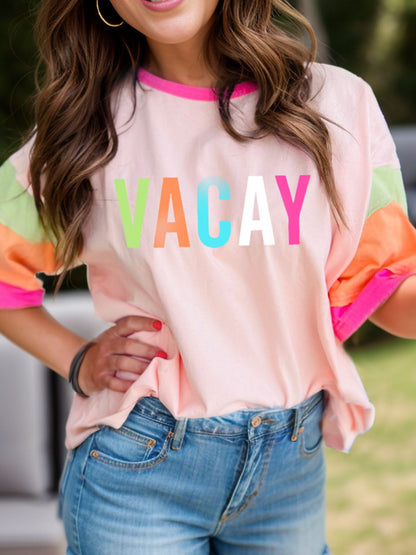 Letter Graphic Color Block Round Neck Half Sleeve T-Shirt Watermelon pink