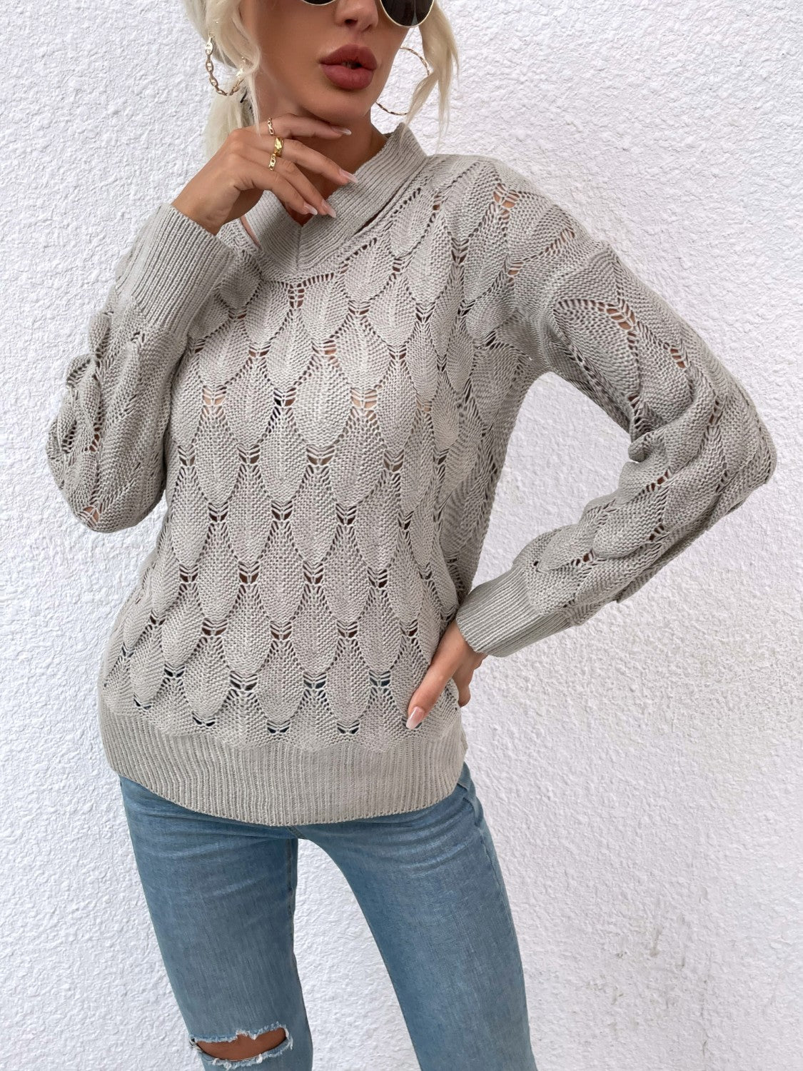 Openwork Cutout Dropped Shoulder Sweater Gray