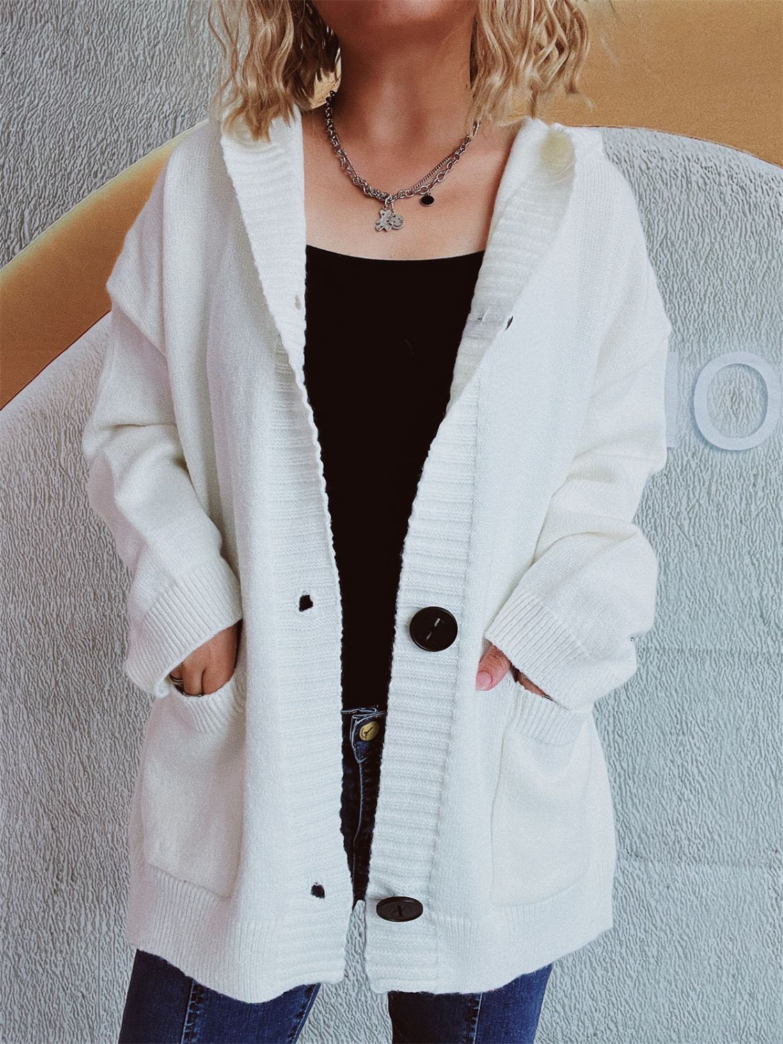 Dropped Shoulder Long Sleeve Hooded Cardigan White One Size