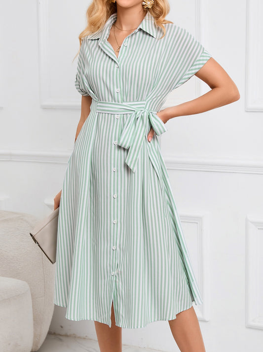 Striped Short Sleeve Tie Waist Midi Dress Light Green