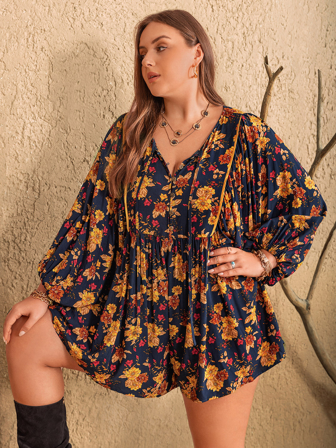 Plus Size Floral Tie Neck Balloon Sleeve Romper Dark Blue