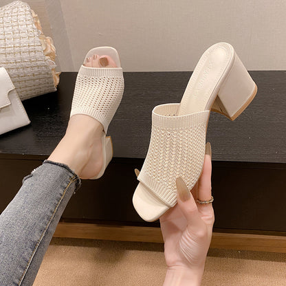 Block Heel Knit Sandals Ivory