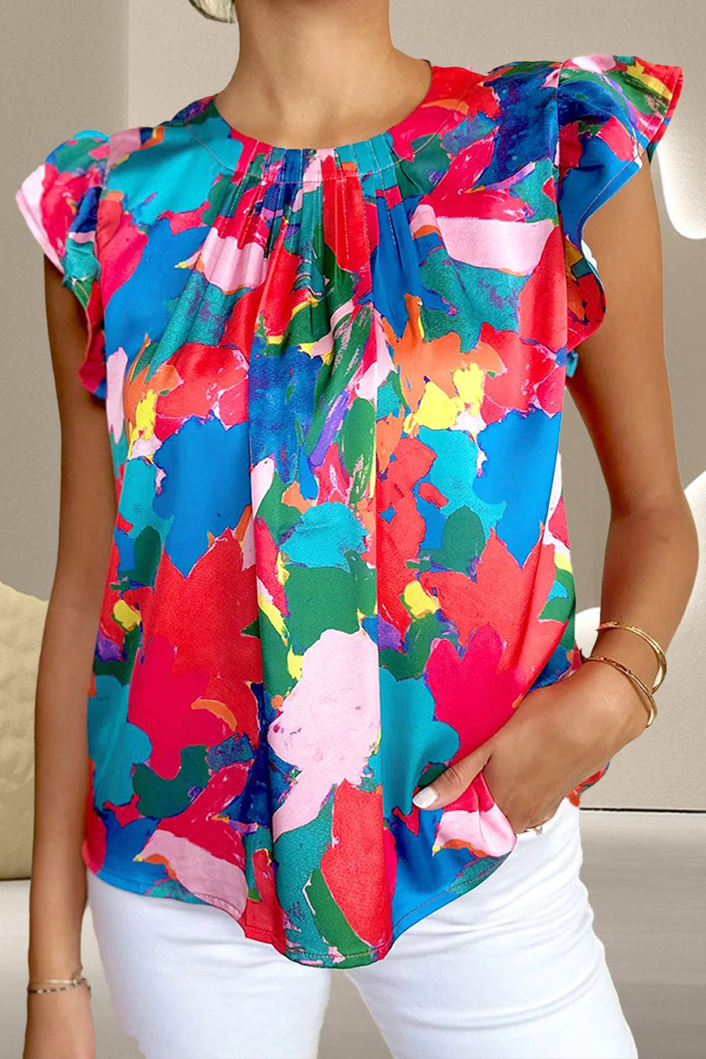 Ruffled Abstract Print Round Neck Cap Sleeve Blouse Sky Blue