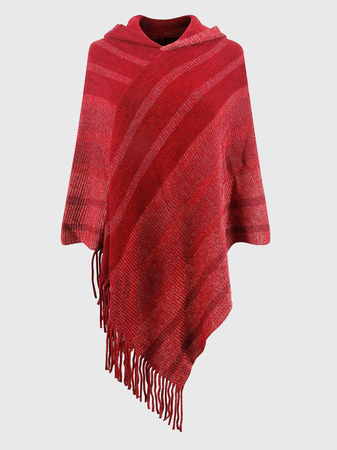 Striped Fringe Hem Hooded Poncho - Thandynie