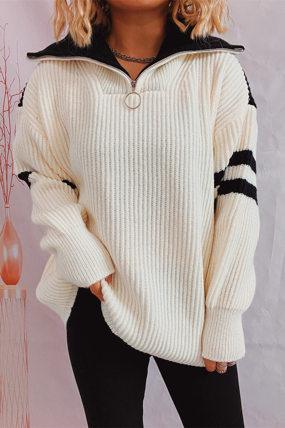 Quarter Zip Striped Dropped Shoulder Sweater White One Size