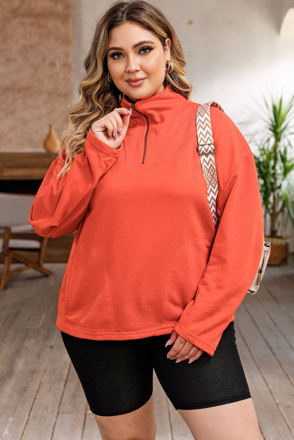 Orange O-ring Zipper Pocketed Plus Size Sweatshirt Orange 80%Polyester+20%Cotton