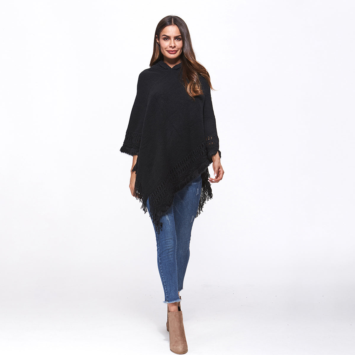 Openwork Fringe Hem Hooded Poncho - Thandynie